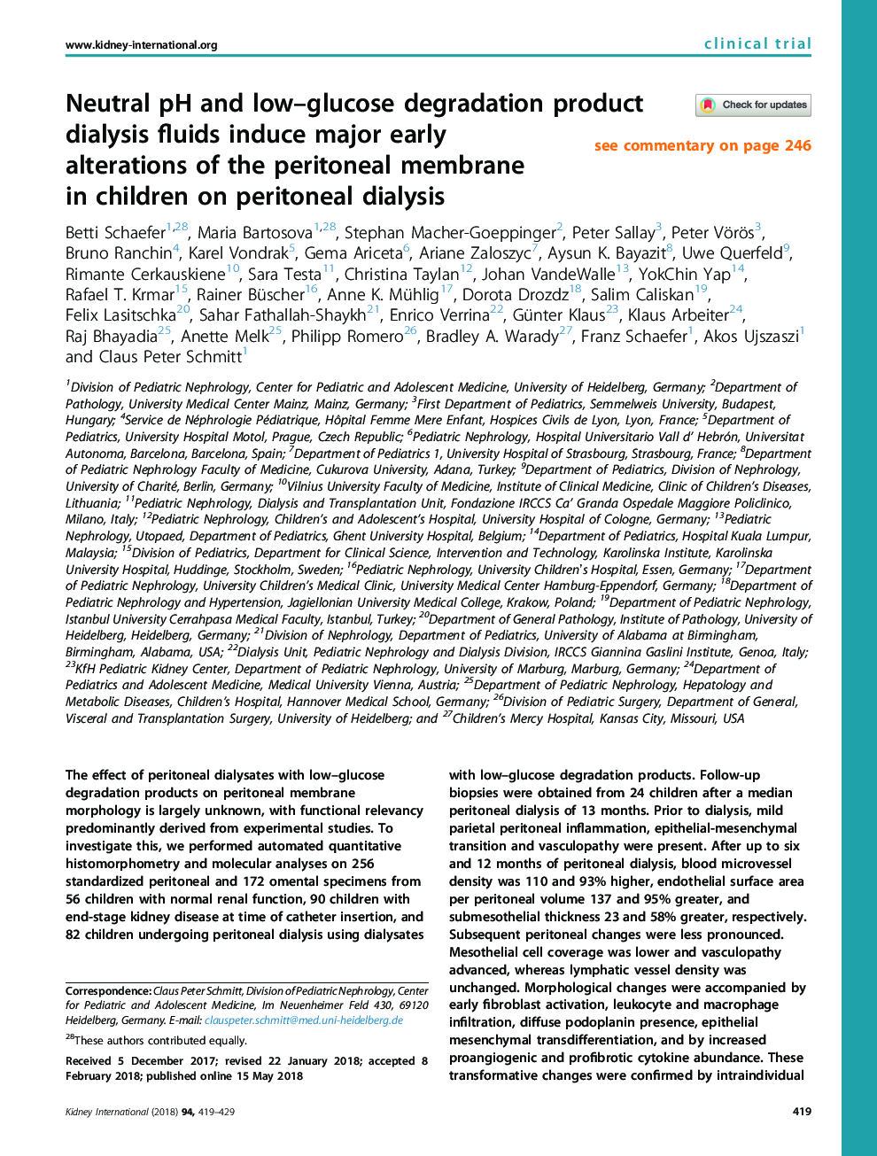 Neutral pH and low-glucose degradation product dialysis fluids induce major early alterations of theÂ peritoneal membrane in children on peritonealÂ dialysis