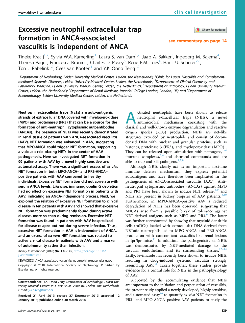 Excessive neutrophil extracellular trap formation in ANCA-associated vasculitis is independent of ANCA