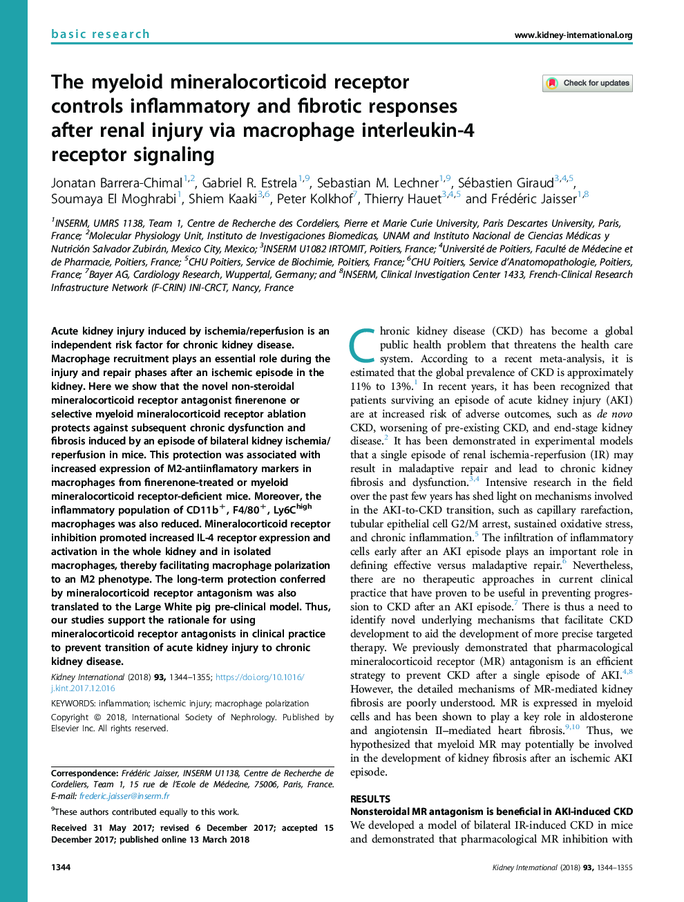 The myeloid mineralocorticoid receptor controlsÂ inflammatory and fibrotic responses afterÂ renal injury via macrophage interleukin-4 receptor signaling