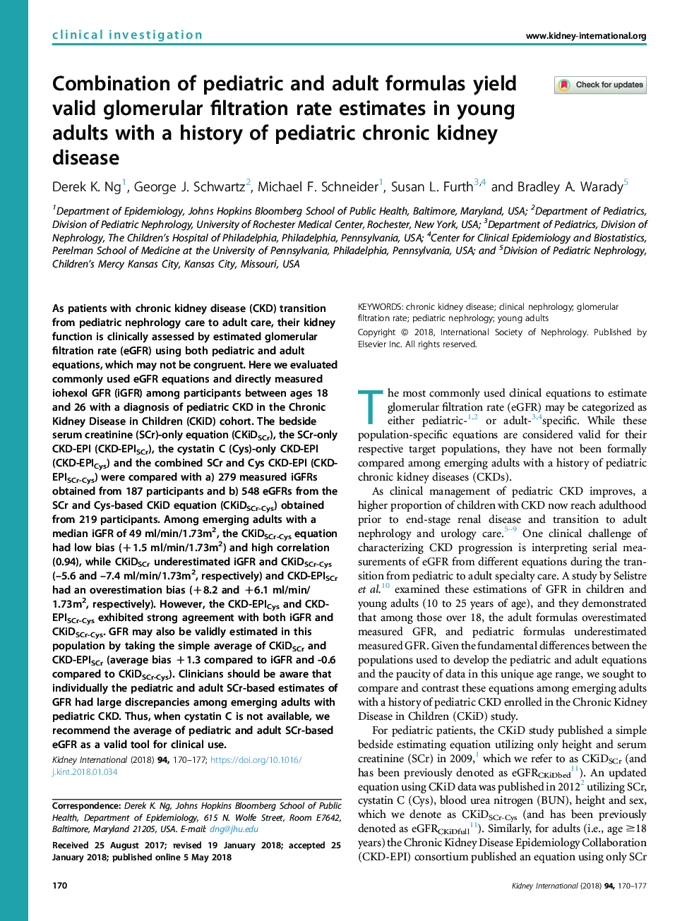 Combination of pediatric and adult formulas yield valid glomerular filtration rate estimates in young adults with a history of pediatric chronic kidney disease