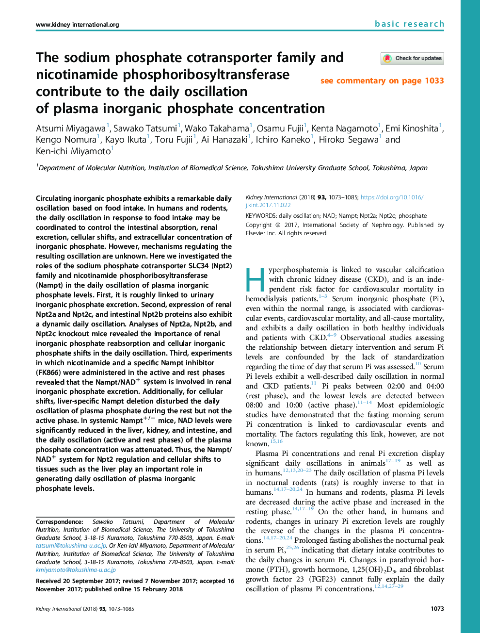 The sodium phosphate cotransporter family and nicotinamide phosphoribosyltransferase contribute to the daily oscillation of plasma inorganic phosphate concentration