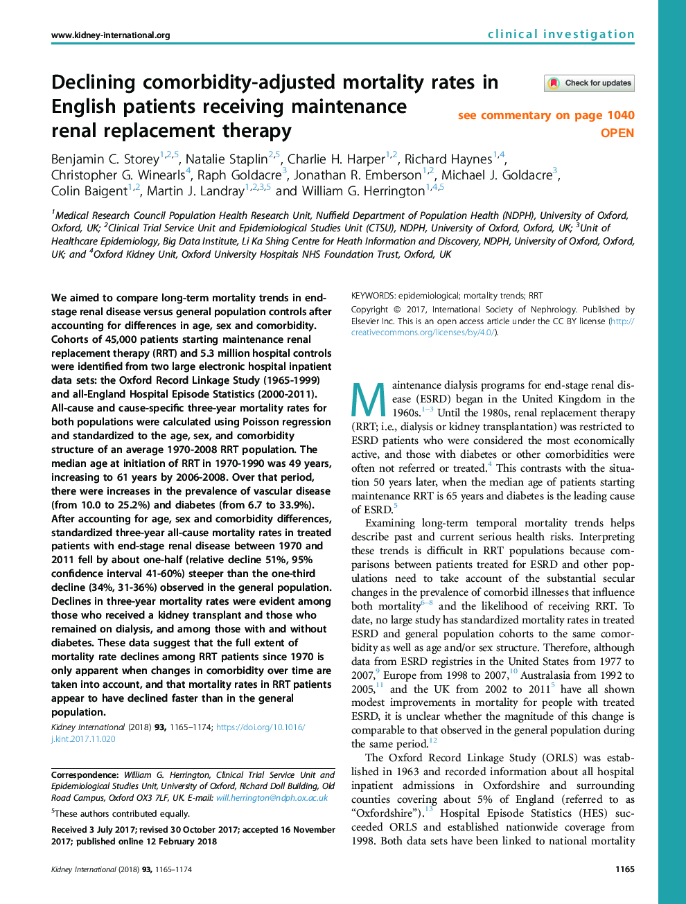 Declining comorbidity-adjusted mortality rates in English patients receiving maintenance renal replacement therapy