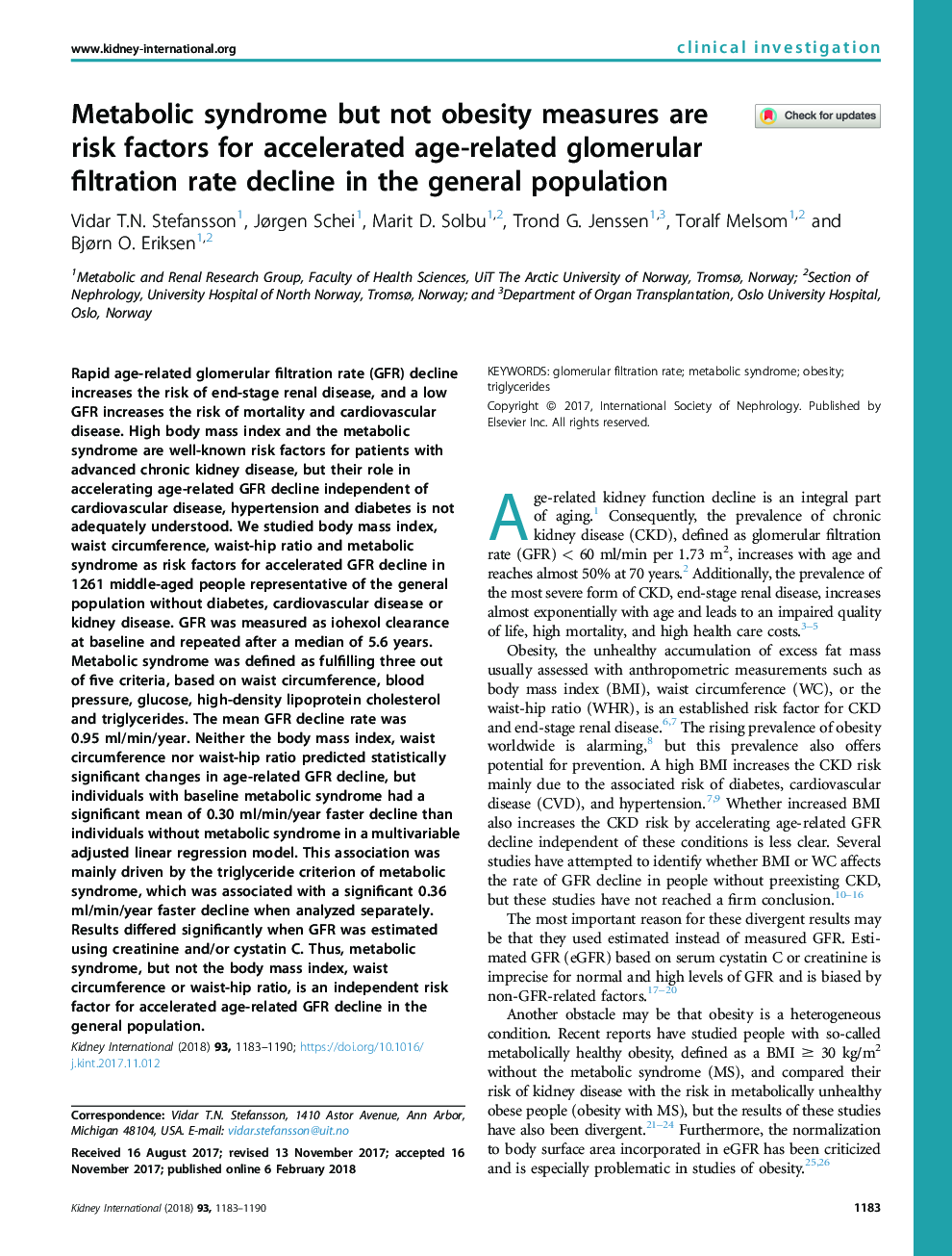 Metabolic syndrome but not obesity measures are risk factors for accelerated age-related glomerular filtration rate decline in the general population