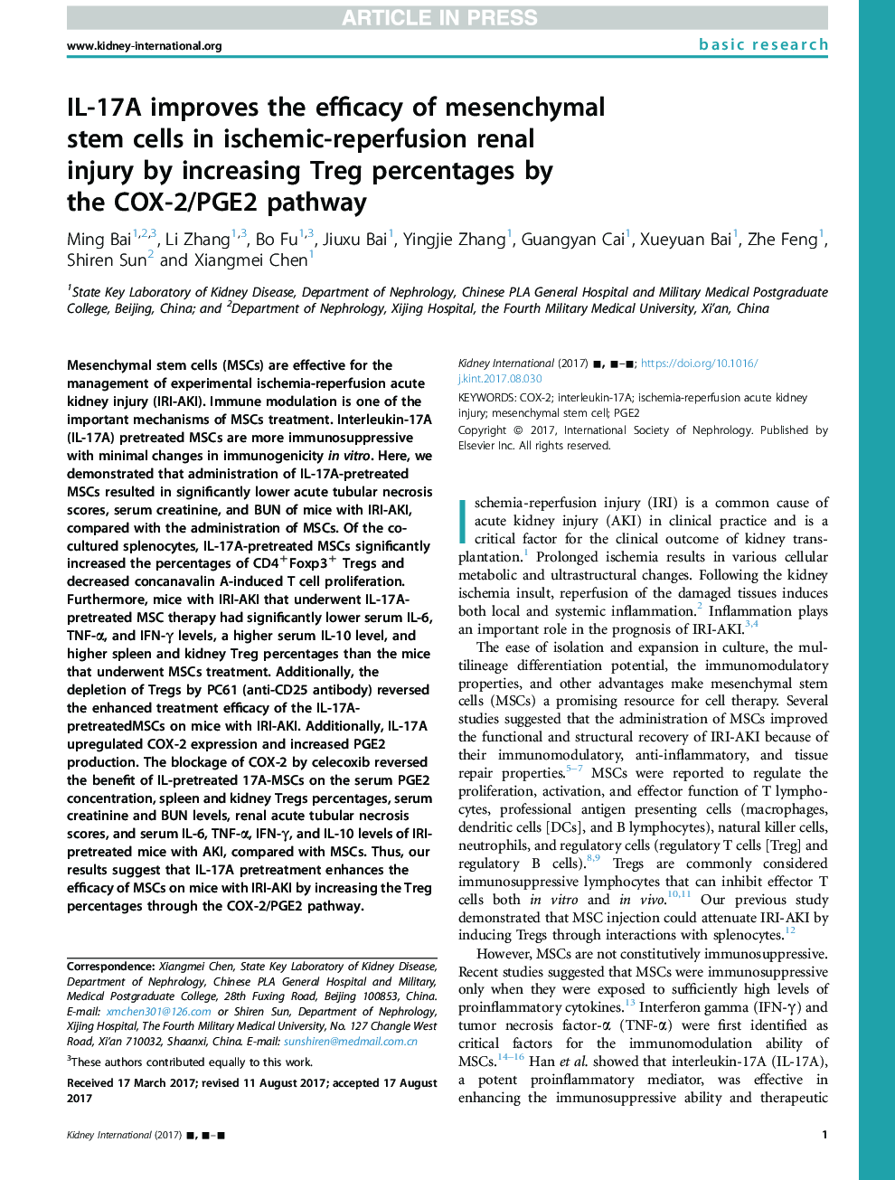 IL-17A improves the efficacy of mesenchymal stemÂ cells in ischemic-reperfusion renal injuryÂ byÂ increasing Treg percentages by theÂ COX-2/PGE2Â pathway