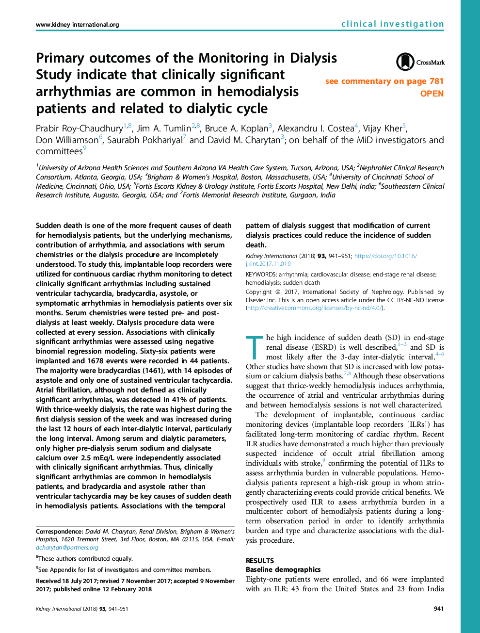 Primary outcomes of the Monitoring in Dialysis Study indicate that clinically significant arrhythmias are common in hemodialysis patients and related to dialytic cycle