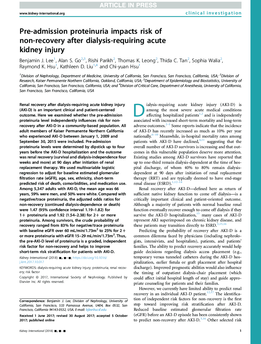 Pre-admission proteinuria impacts risk of non-recovery after dialysis-requiring acute kidneyÂ injury