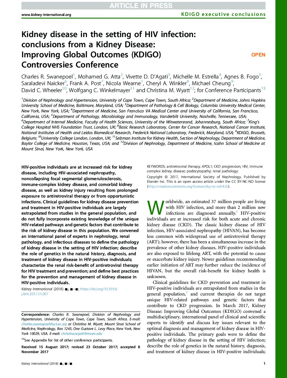 Kidney disease in the setting of HIV infection: conclusions from a Kidney Disease: ImprovingÂ Global Outcomes (KDIGO) ControversiesÂ Conference