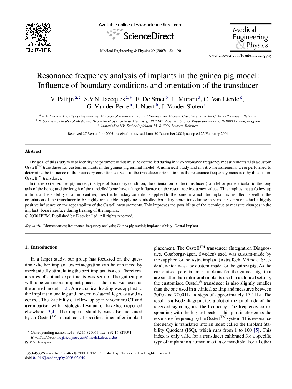 Resonance frequency analysis of implants in the guinea pig model: Influence of boundary conditions and orientation of the transducer