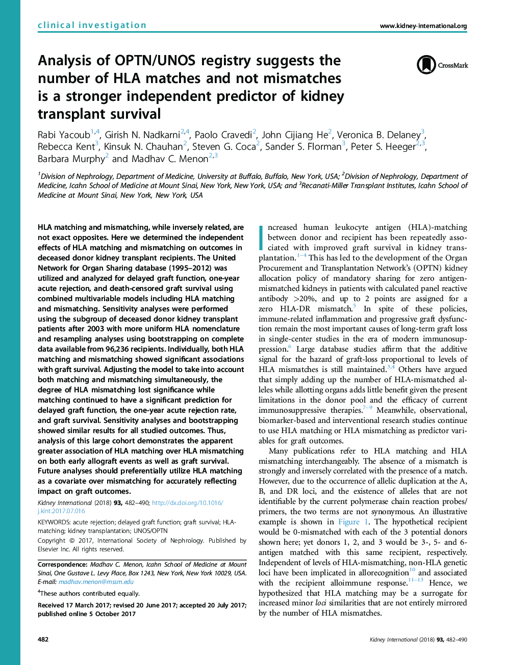 Analysis of OPTN/UNOS registry suggests the number of HLA matches and not mismatches is a stronger independent predictor of kidney transplant survival