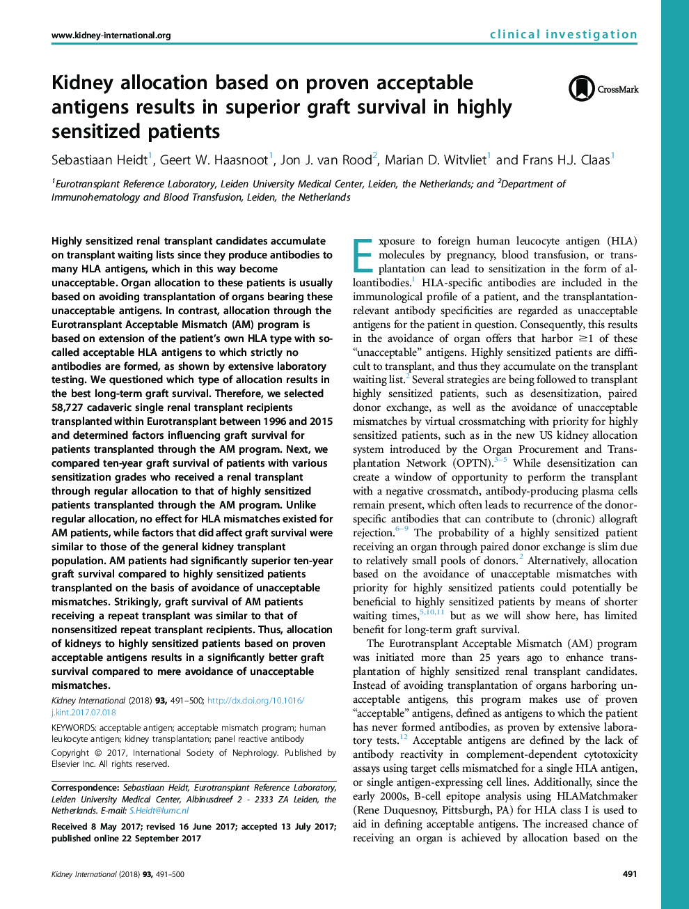 Kidney allocation based on proven acceptable antigens results in superior graft survival in highly sensitized patients