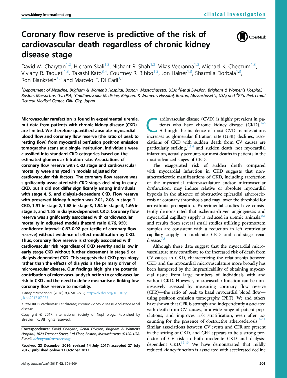 Coronary flow reserve is predictive of the risk of cardiovascular death regardless of chronic kidney disease stage