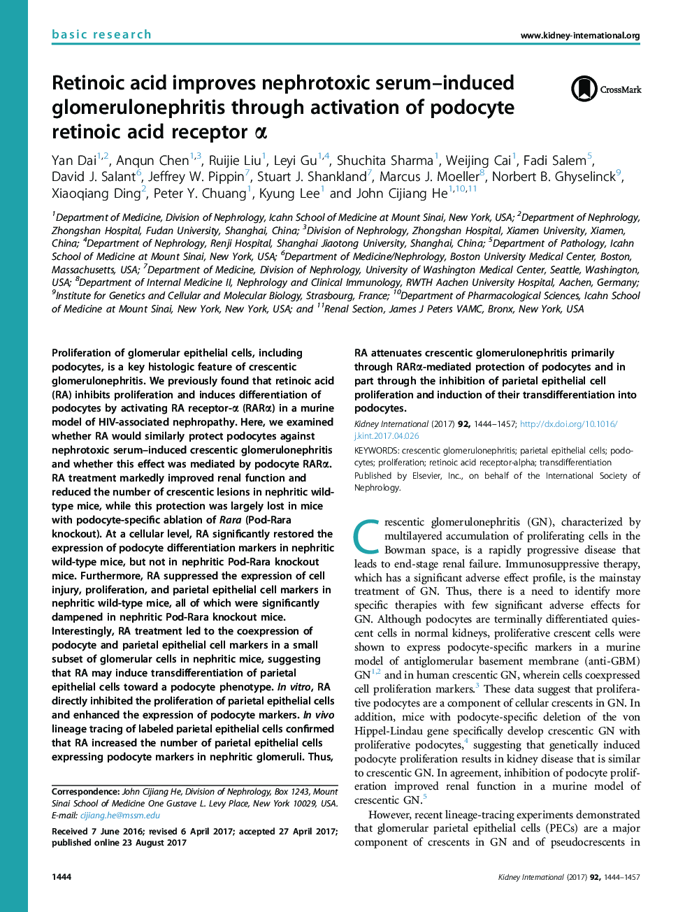 Retinoic acid improves nephrotoxic serum-induced glomerulonephritis through activation of podocyte retinoic acid receptor Î±