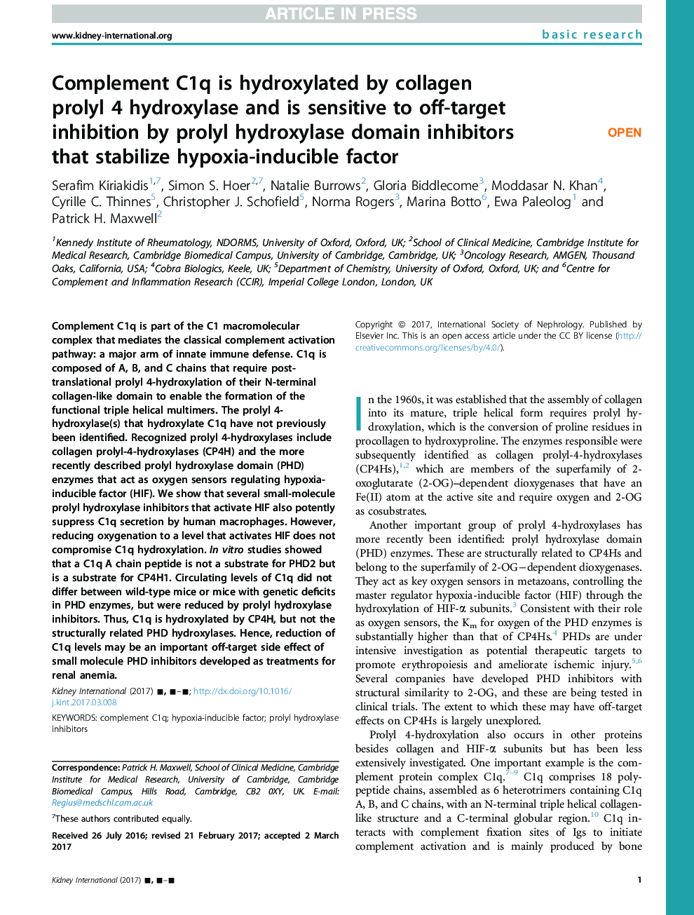 Complement C1q is hydroxylated by collagen prolyl 4 hydroxylase and is sensitive to off-target inhibition by prolyl hydroxylase domain inhibitors that stabilize hypoxia-inducible factor