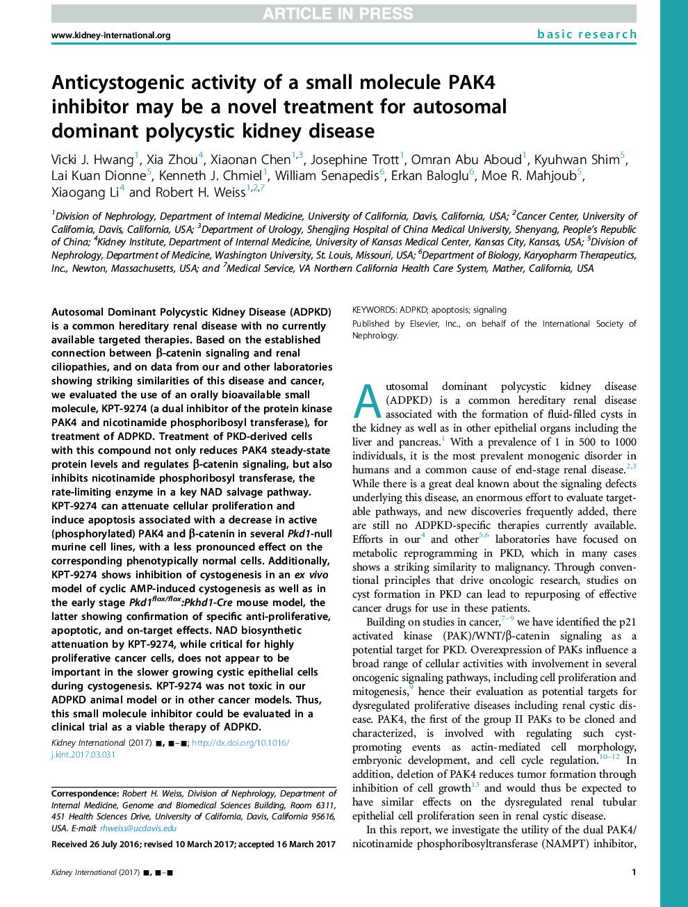 Anticystogenic activity of a small molecule PAK4 inhibitor may be a novel treatment for autosomal dominant polycystic kidney disease