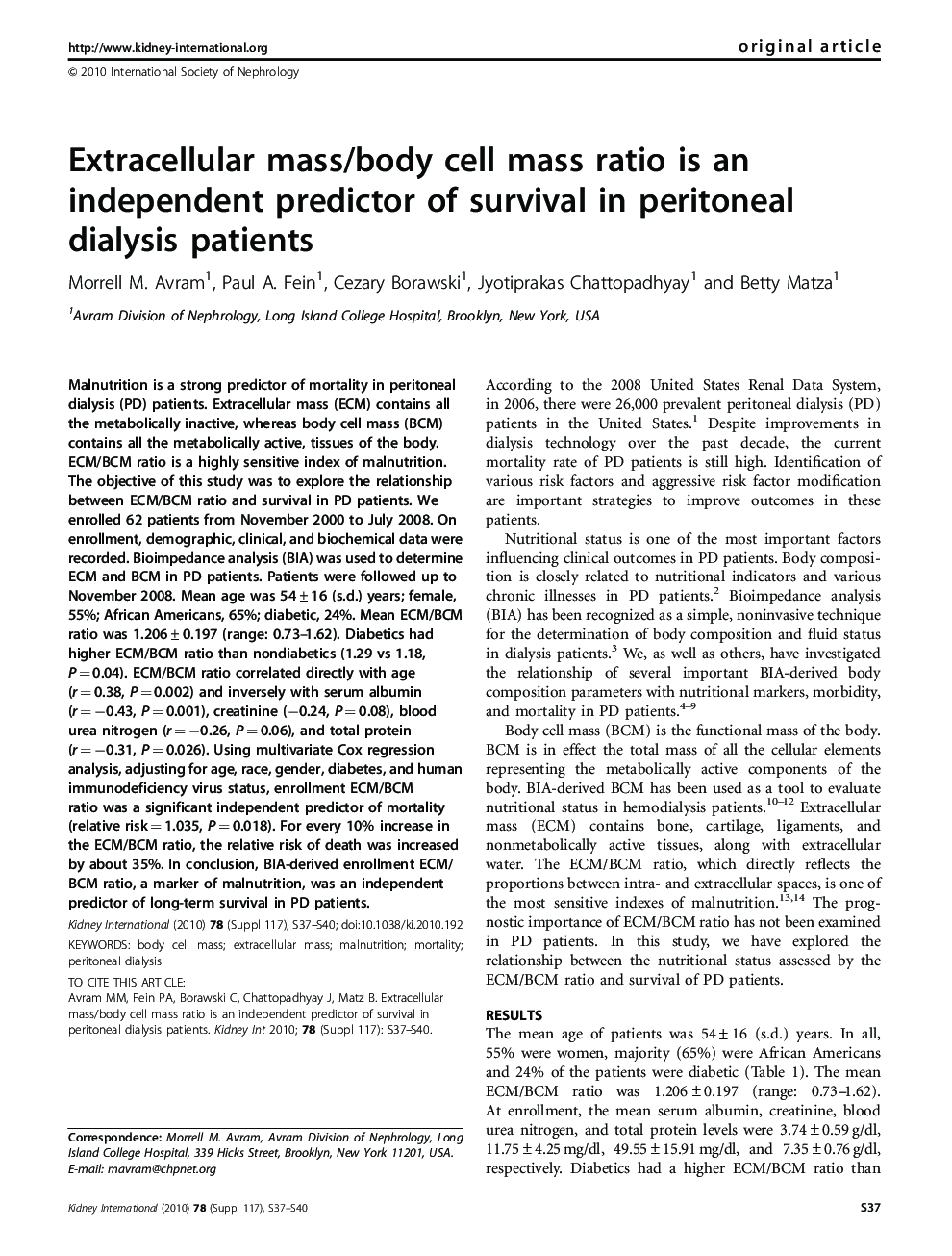 Extracellular mass/body cell mass ratio is an independent predictor of survival in peritoneal dialysis patients