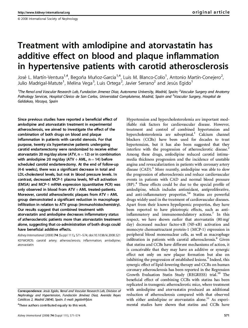 Treatment with amlodipine and atorvastatin has additive effect on blood and plaque inflammation in hypertensive patients with carotid atherosclerosis
