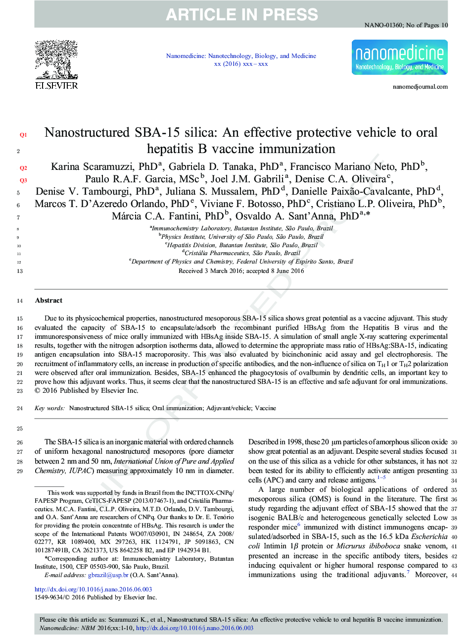 Nanostructured SBA-15 silica: An effective protective vehicle to oral hepatitis B vaccine immunization