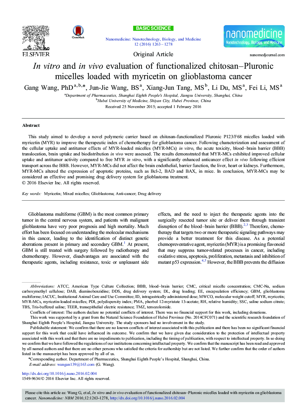 In vitro and in vivo evaluation of functionalized chitosan–Pluronic micelles loaded with myricetin on glioblastoma cancer 