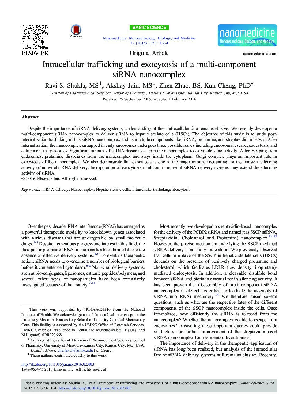 Intracellular trafficking and exocytosis of a multi-component siRNA nanocomplex 