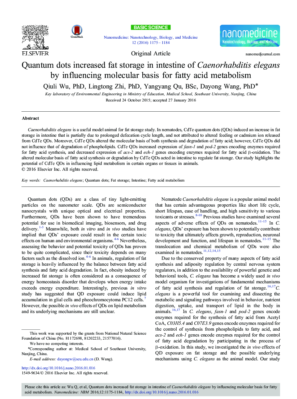 Quantum dots increased fat storage in intestine of Caenorhabditis elegans by influencing molecular basis for fatty acid metabolism 