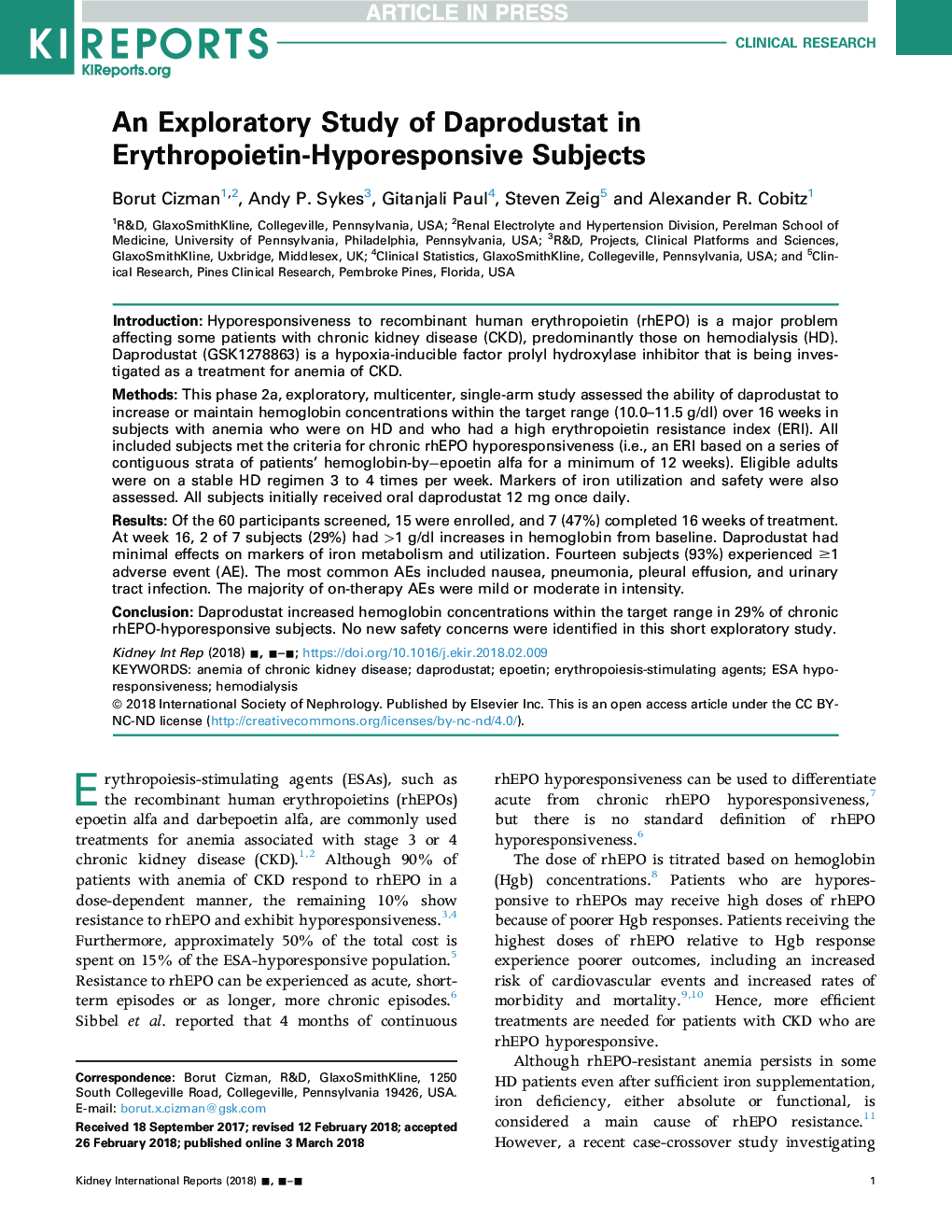 An Exploratory Study of Daprodustat inÂ Erythropoietin-Hyporesponsive Subjects