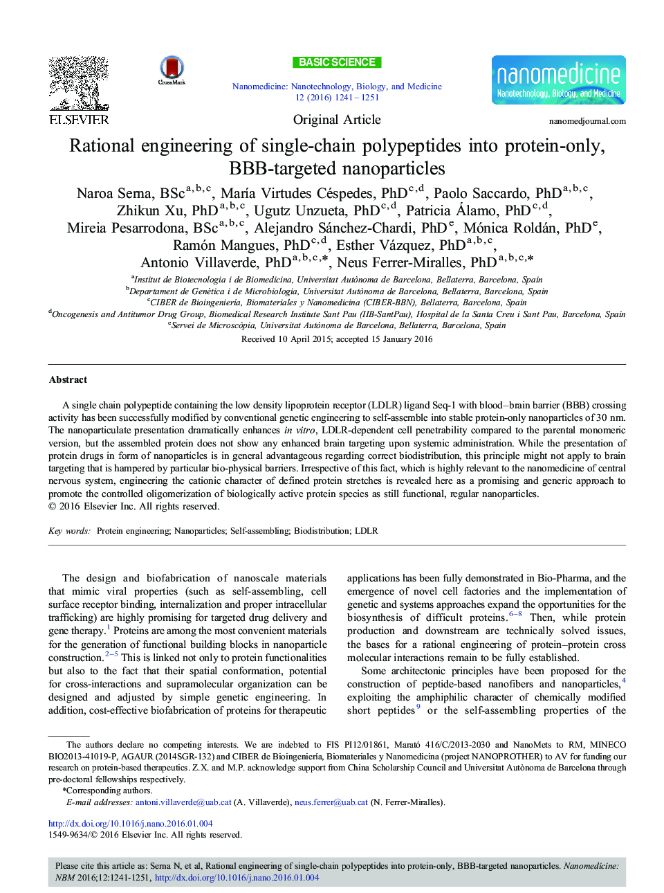 Rational engineering of single-chain polypeptides into protein-only, BBB-targeted nanoparticles 