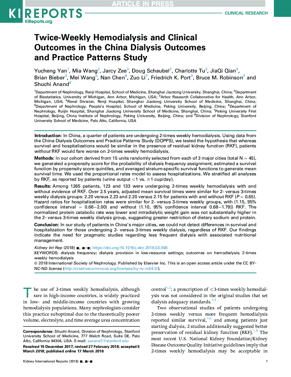 Twice-Weekly Hemodialysis and Clinical Outcomes in the China Dialysis Outcomes and Practice Patterns Study