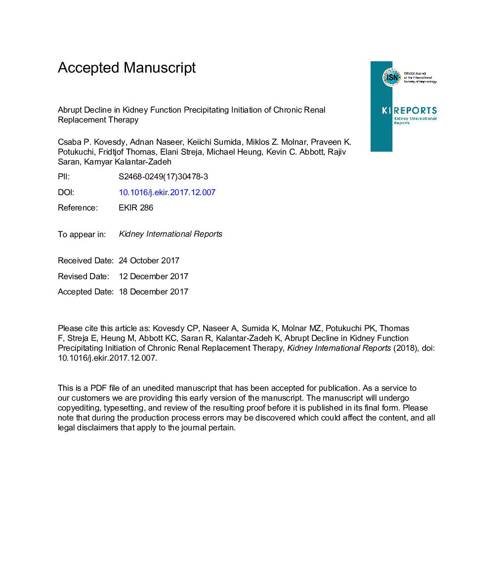 Abrupt Decline in Kidney Function Precipitating Initiation of Chronic Renal Replacement Therapy