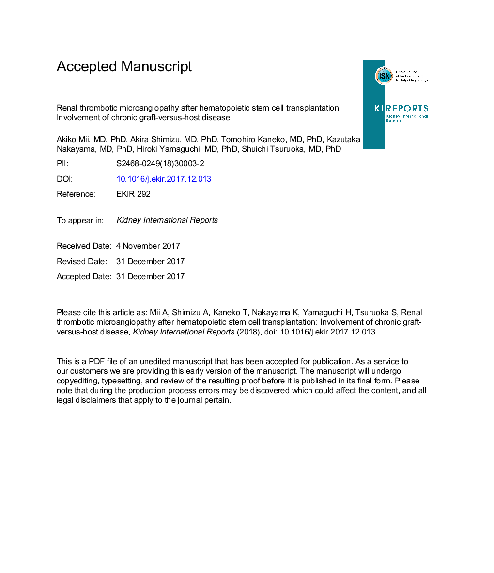 Renal Thrombotic Microangiopathy After Hematopoietic Stem Cell Transplantation: InvolvementÂ ofÂ Chronic Graft-Versus-Host Disease