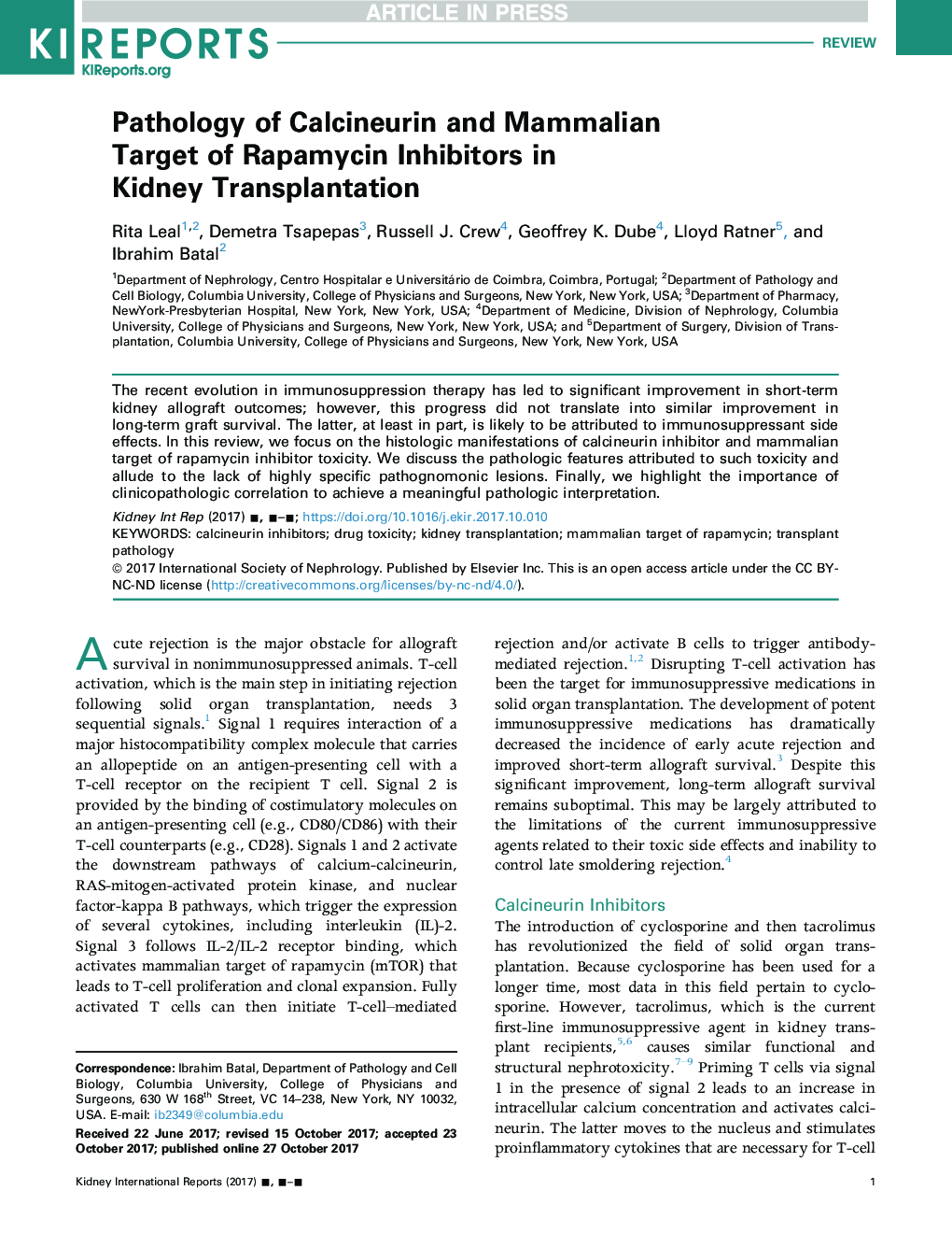Pathology of Calcineurin and Mammalian Target of Rapamycin Inhibitors in KidneyÂ Transplantation