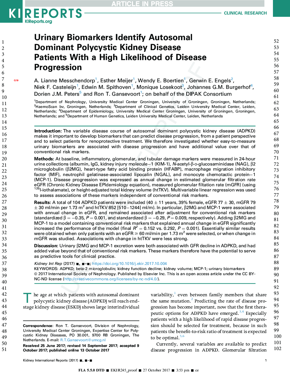 Urinary Biomarkers to Identify Autosomal Dominant Polycystic Kidney Disease Patients With a High Likelihood of Disease Progression