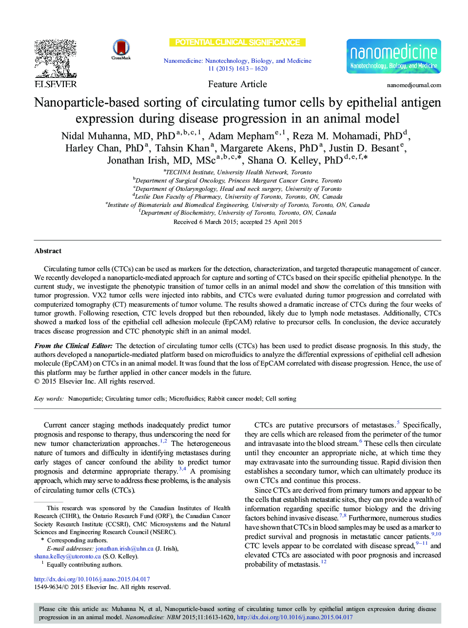 مرتب سازی سلول های توموری در معرض نانوذرات با بیان آنتیژن اپیتلیال در طی پیشرفت بیماری در یک مدل حیوانی 