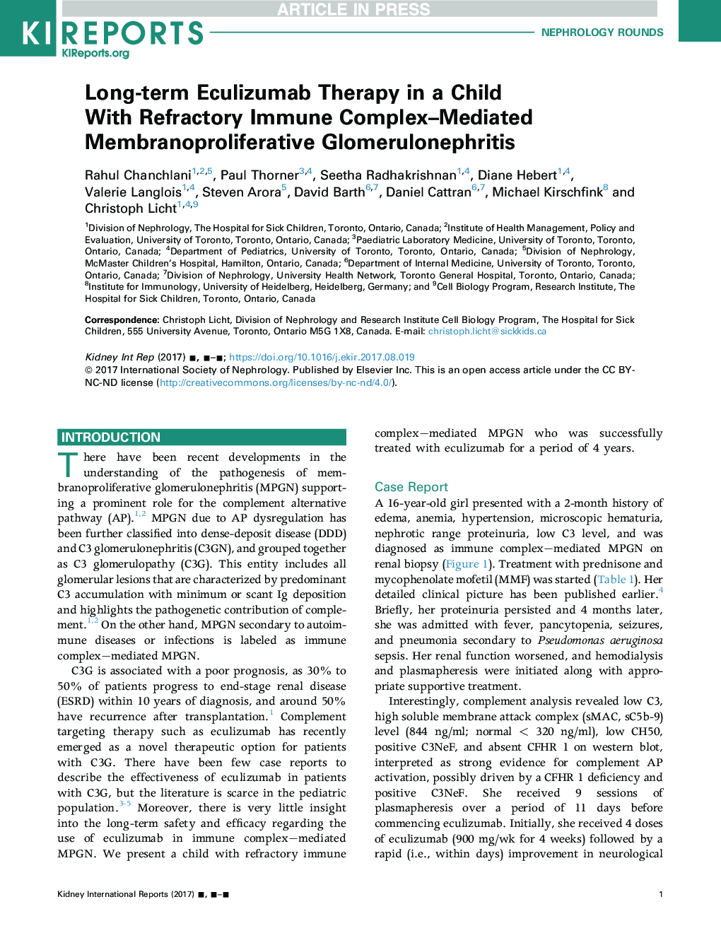 Long-term Eculizumab Therapy in a Child With Refractory Immune Complex-Mediated Membranoproliferative Glomerulonephritis