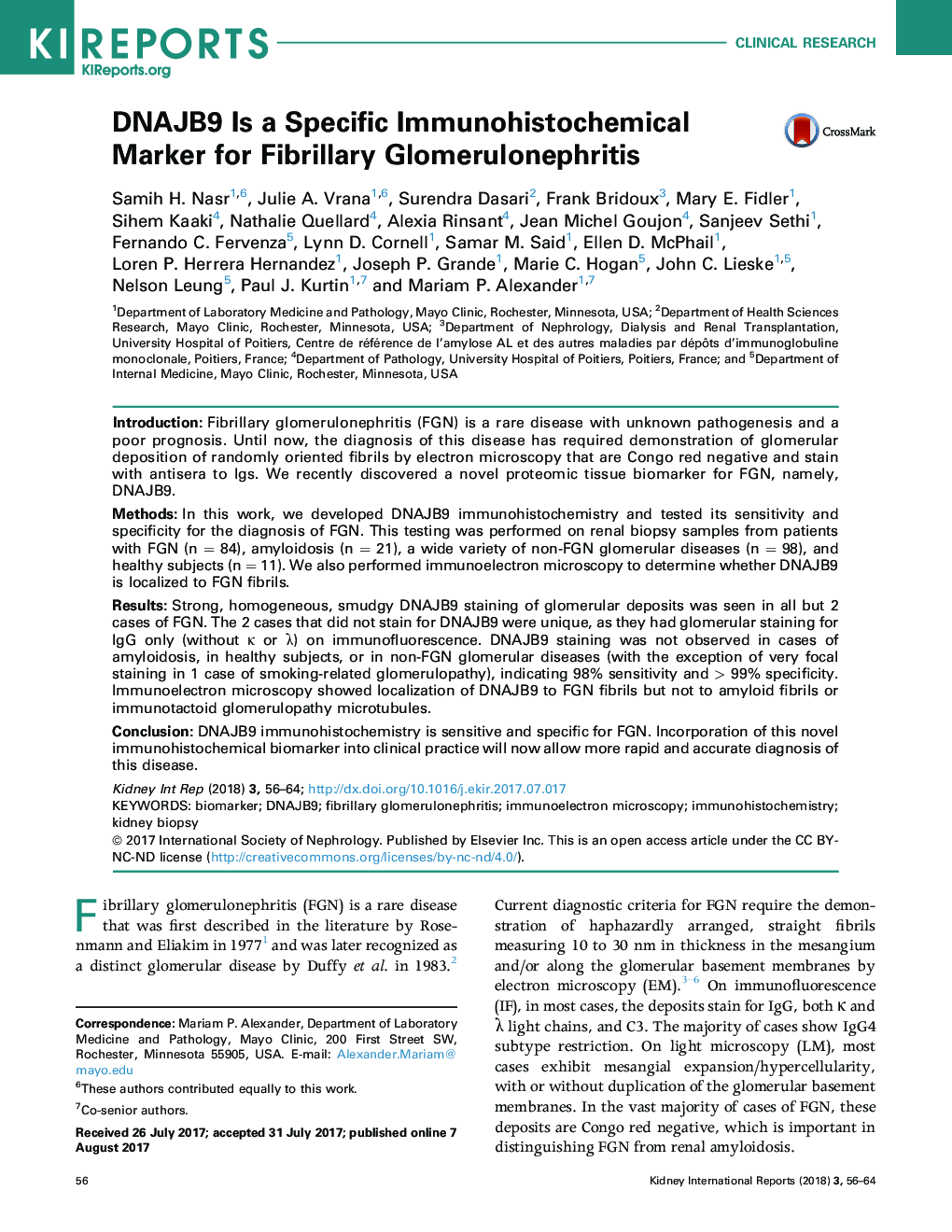 DNAJB9 Is a Specific Immunohistochemical Marker for Fibrillary Glomerulonephritis