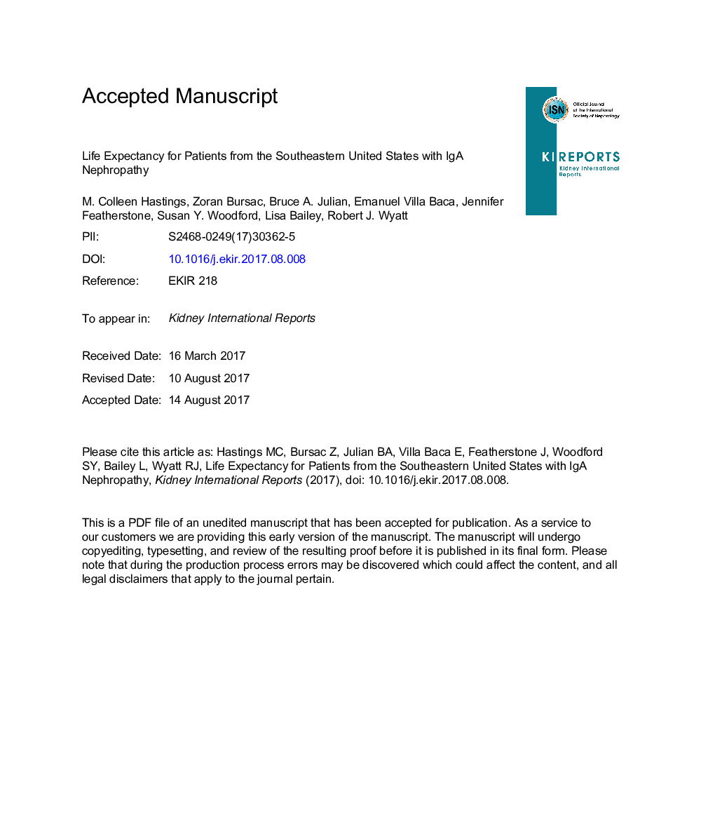 Life Expectancy for Patients From the Southeastern United States With IgA Nephropathy