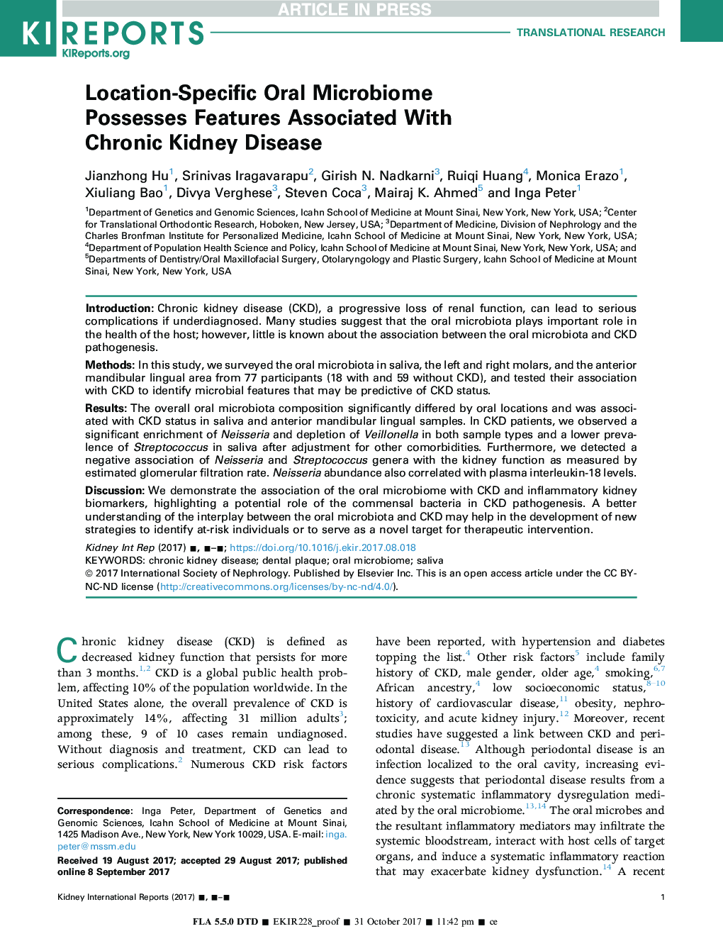 Location-Specific Oral Microbiome Possesses Features Associated With CKD