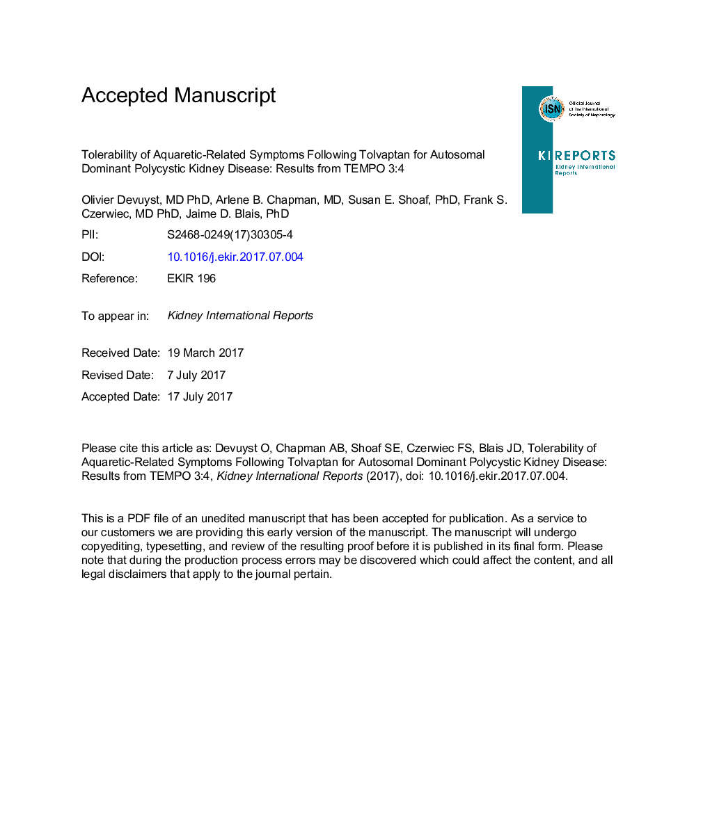 Tolerability of Aquaretic-Related Symptoms Following Tolvaptan for Autosomal Dominant Polycystic Kidney Disease: Results From TEMPO 3:4