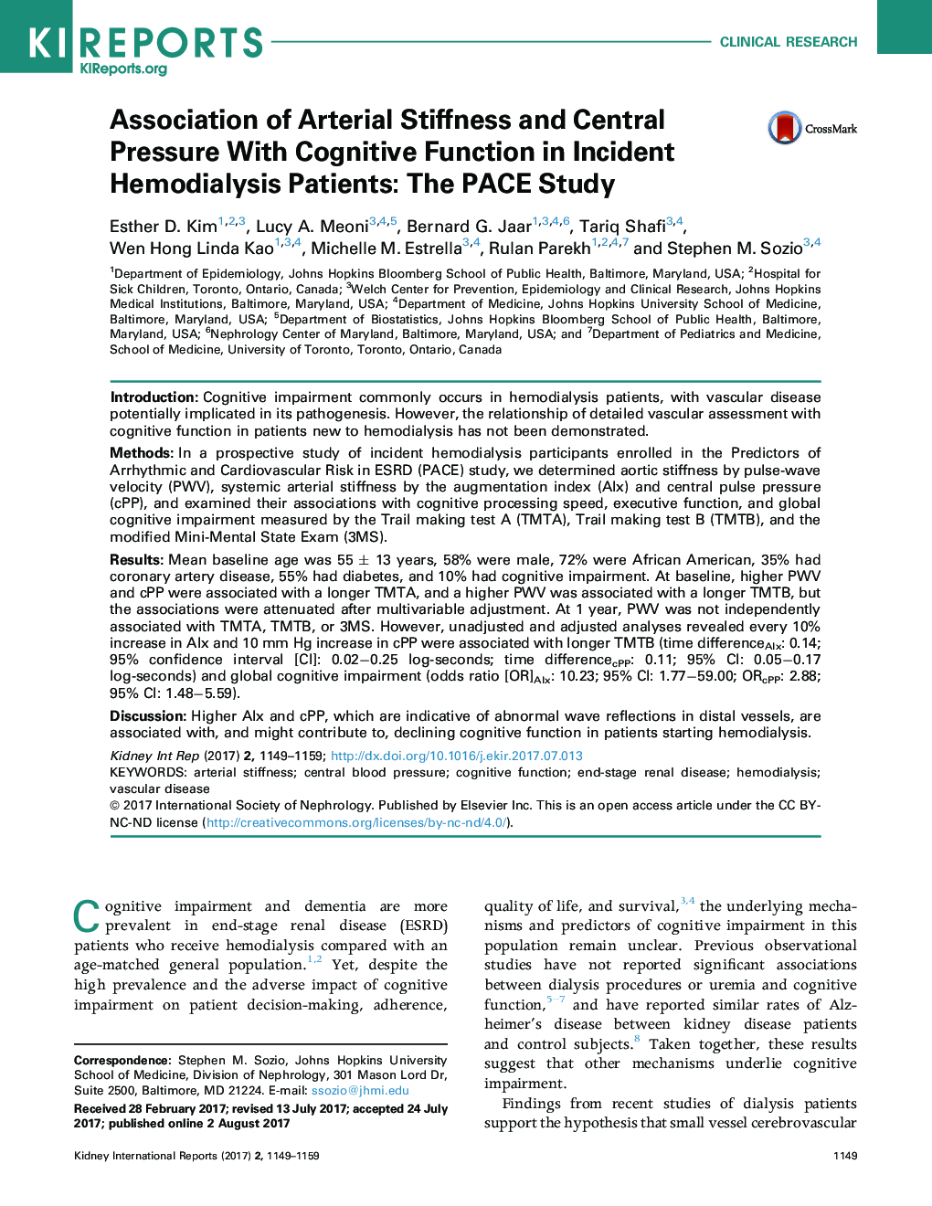 Association of Arterial Stiffness and Central Pressure With Cognitive Function in Incident Hemodialysis Patients: The PACE Study