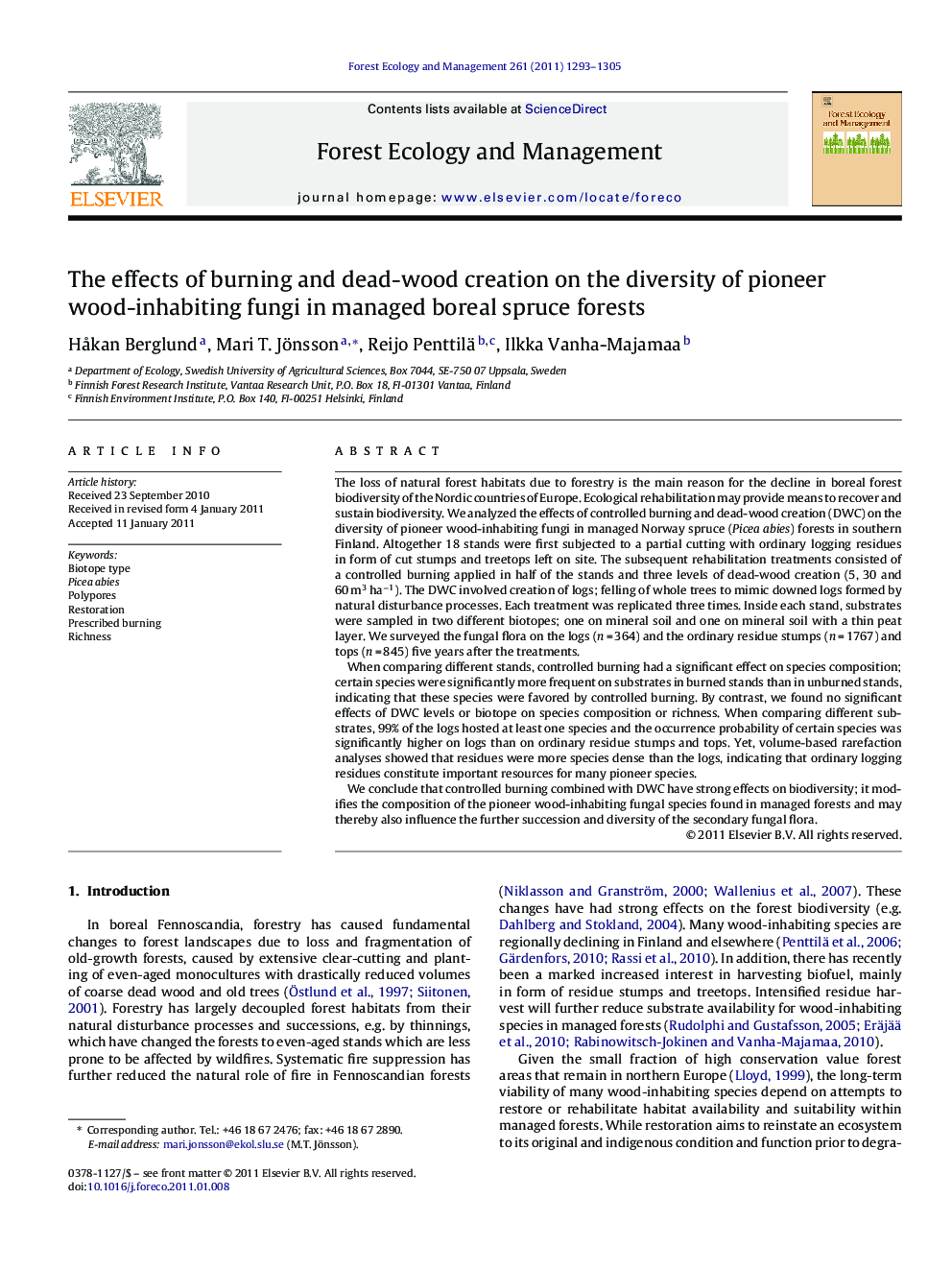 The effects of burning and dead-wood creation on the diversity of pioneer wood-inhabiting fungi in managed boreal spruce forests