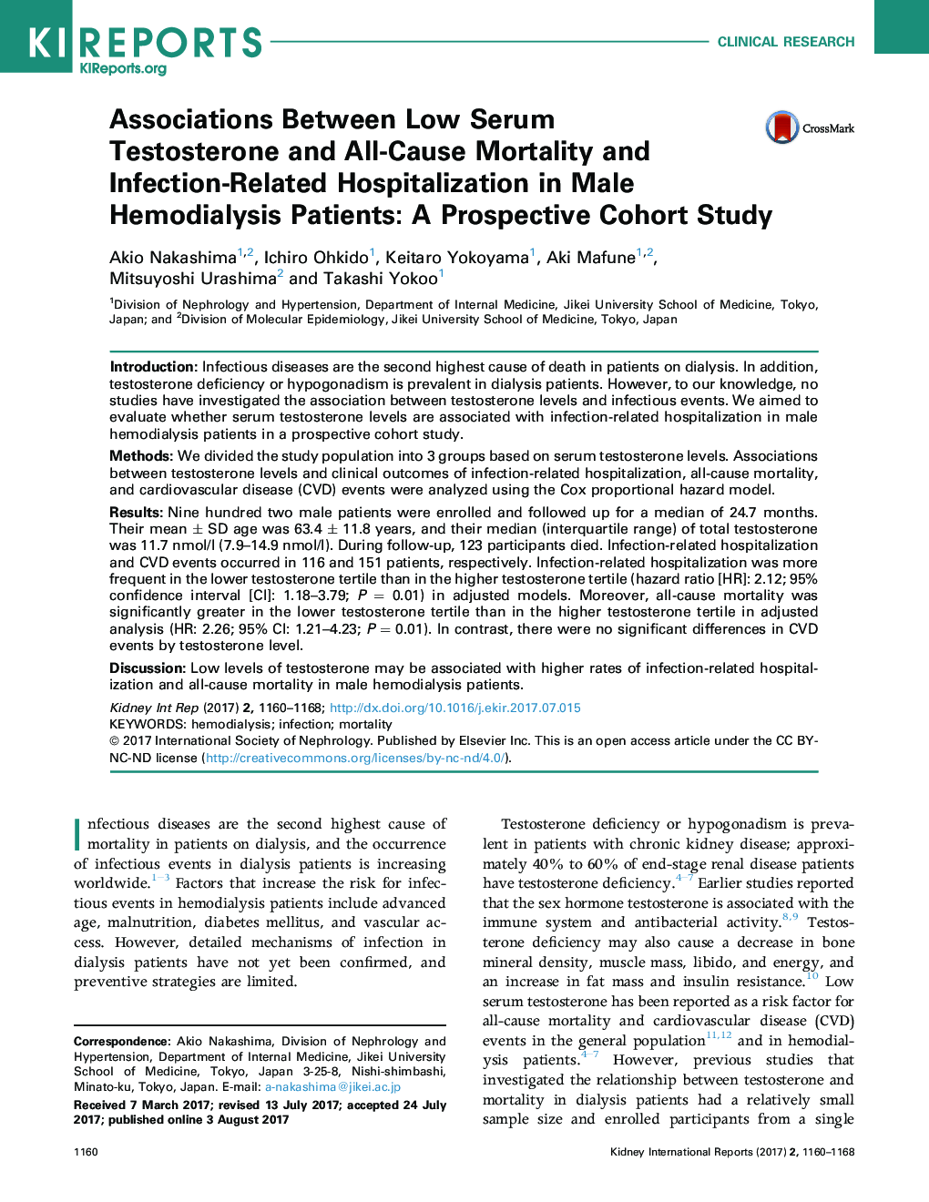 Associations Between Low Serum Testosterone and All-Cause Mortality and Infection-Related Hospitalization in Male Hemodialysis Patients: A Prospective Cohort Study