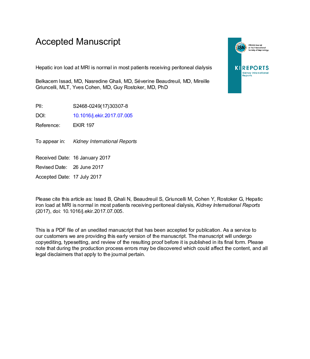 Hepatic Iron Load at Magnetic Resonance Imaging Is Normal in Most Patients Receiving Peritoneal Dialysis