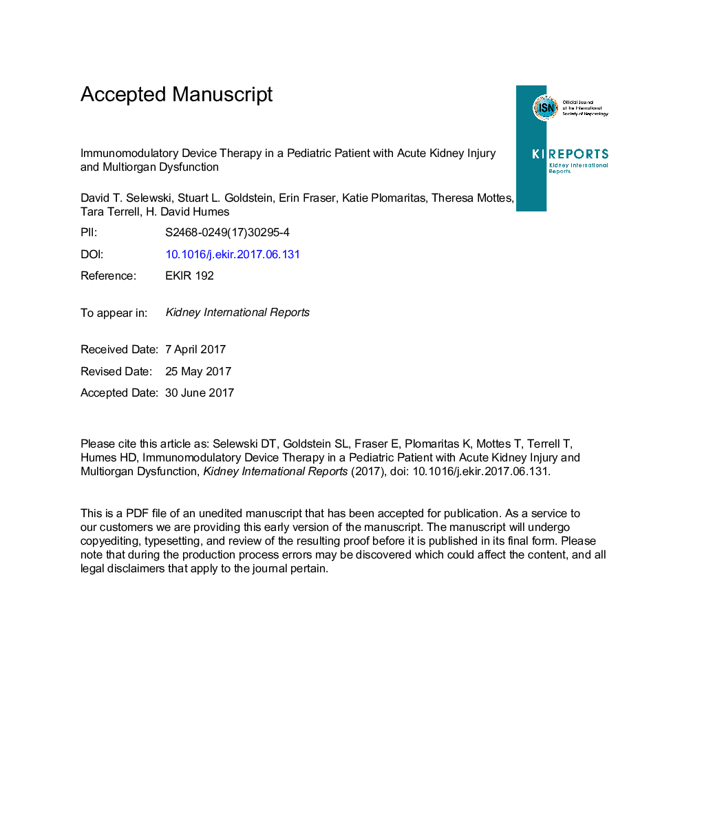 Immunomodulatory Device Therapy in a Pediatric Patient With Acute Kidney Injury and Multiorgan Dysfunction