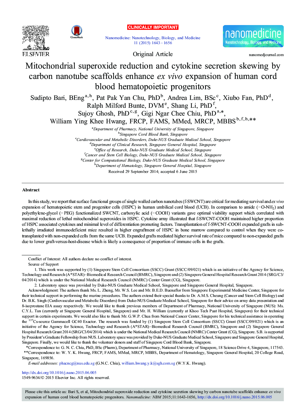 Mitochondrial superoxide reduction and cytokine secretion skewing by carbon nanotube scaffolds enhance ex vivo expansion of human cord blood hematopoietic progenitors 