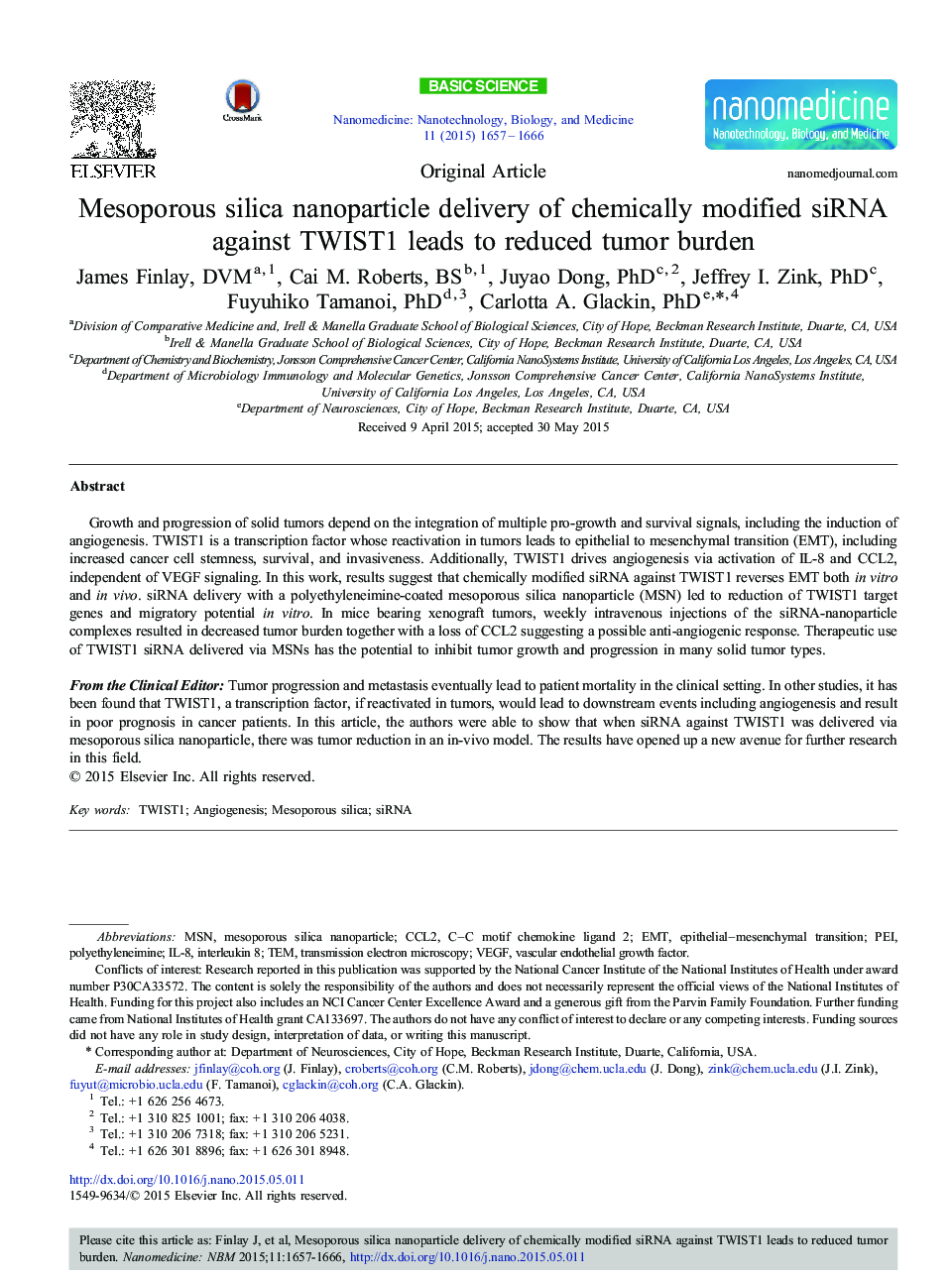 Mesoporous silica nanoparticle delivery of chemically modified siRNA against TWIST1 leads to reduced tumor burden 