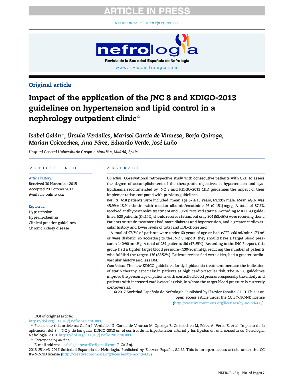 Impact of the application of the JNC 8 and KDIGO-2013 guidelines on hypertension and lipid control in a nephrology outpatient clinic