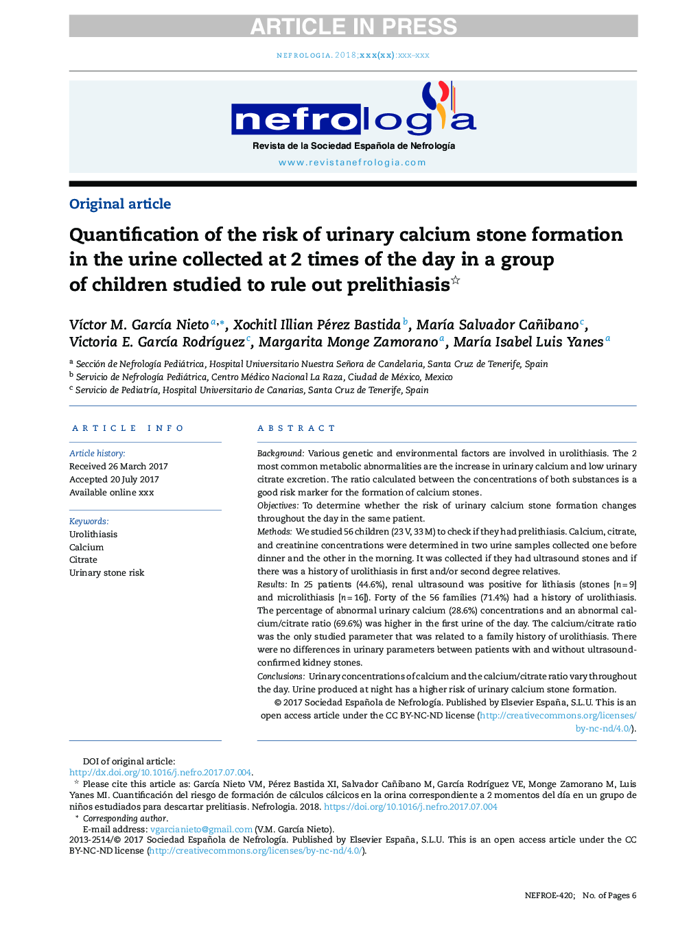 Quantification of the risk of urinary calcium stone formation in the urine collected at 2 times of the day in a group of children studied to rule out prelithiasis