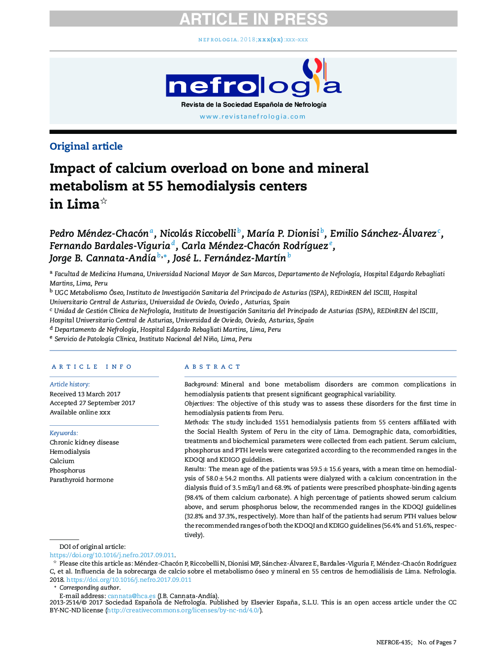 Impact of calcium overload on bone and mineral metabolism at 55 hemodialysis centers in Lima