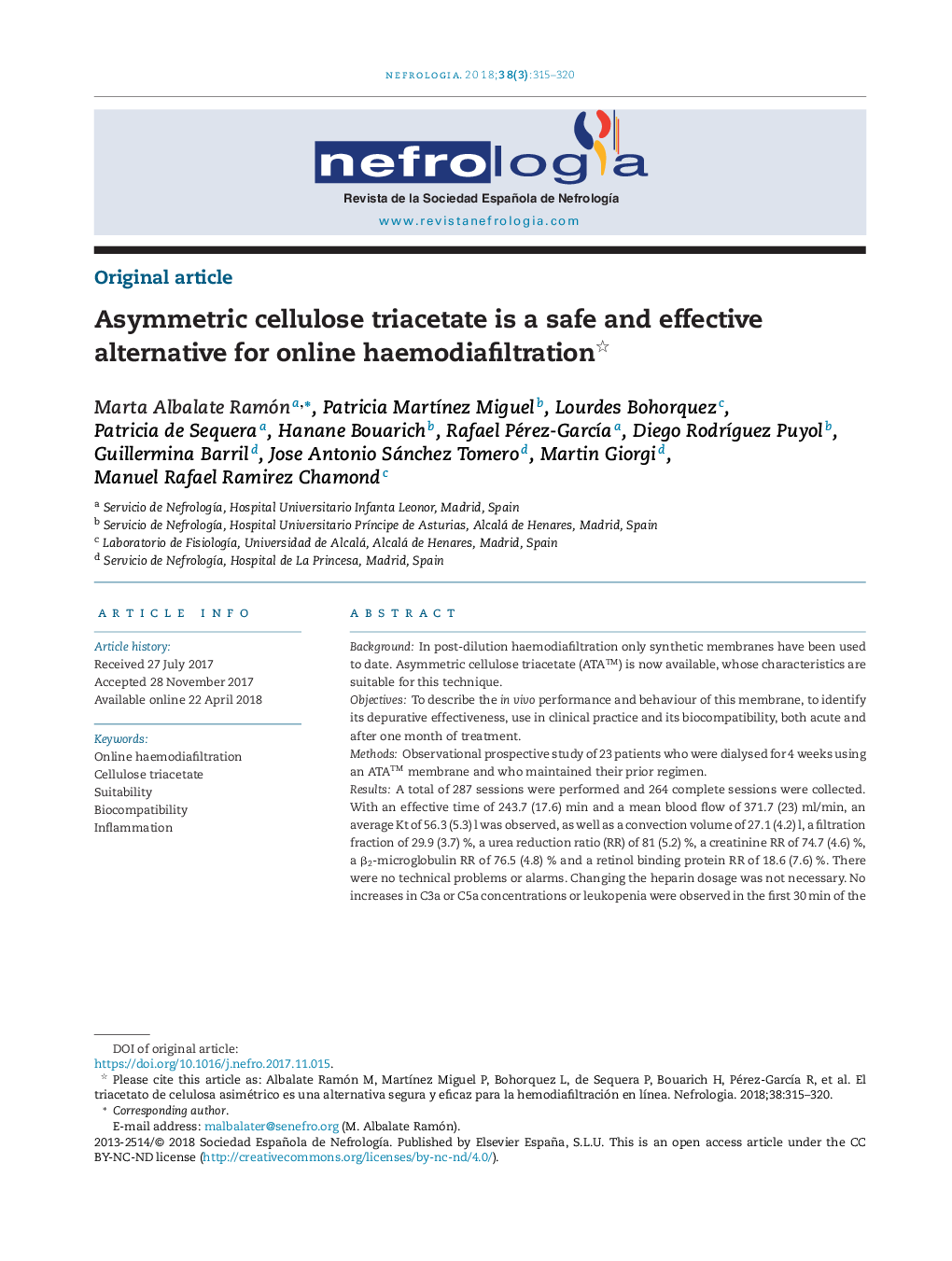 Asymmetric cellulose triacetate is a safe and effective alternative for online haemodiafiltration