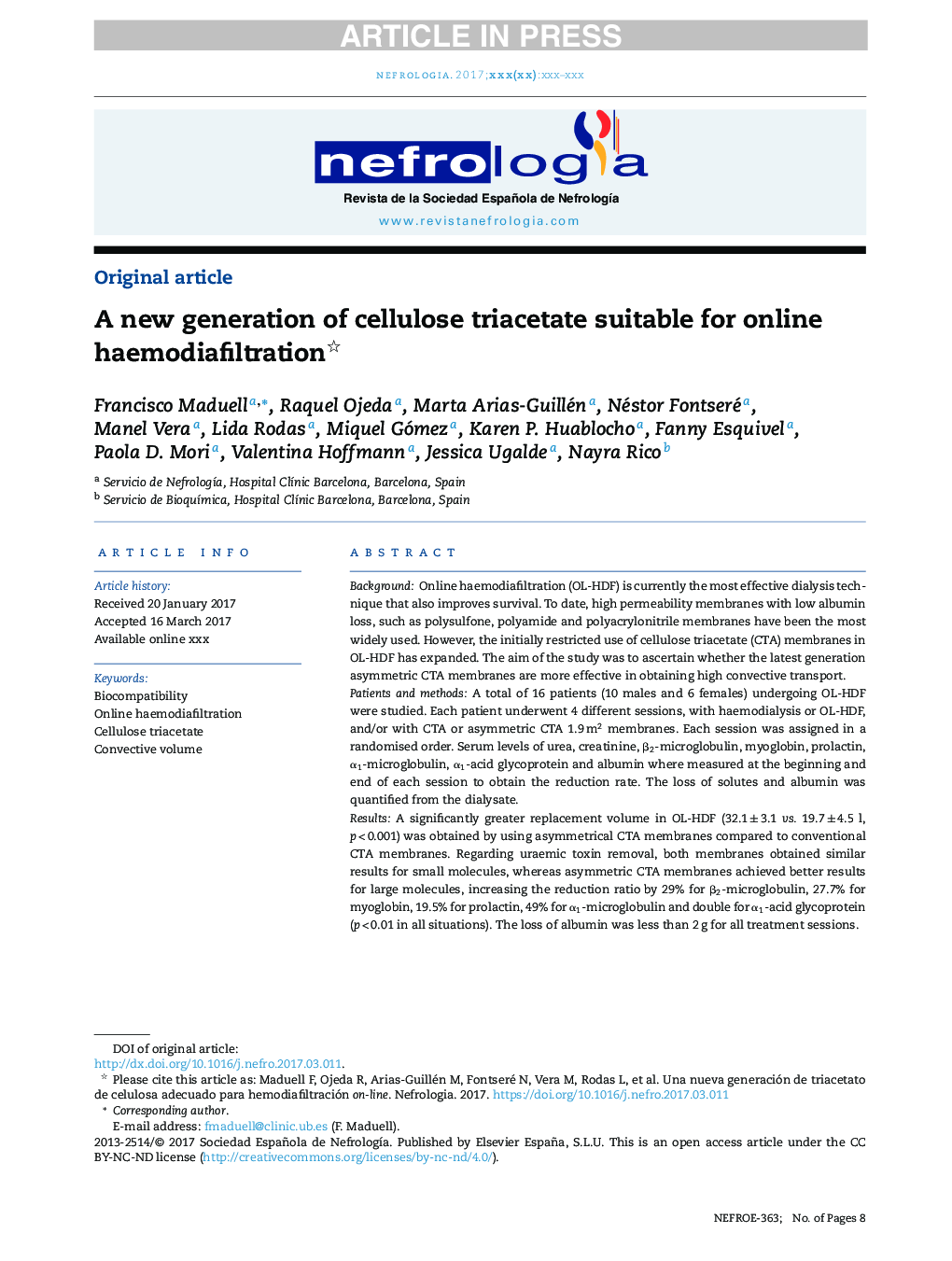 A new generation of cellulose triacetate suitable for online haemodiafiltration