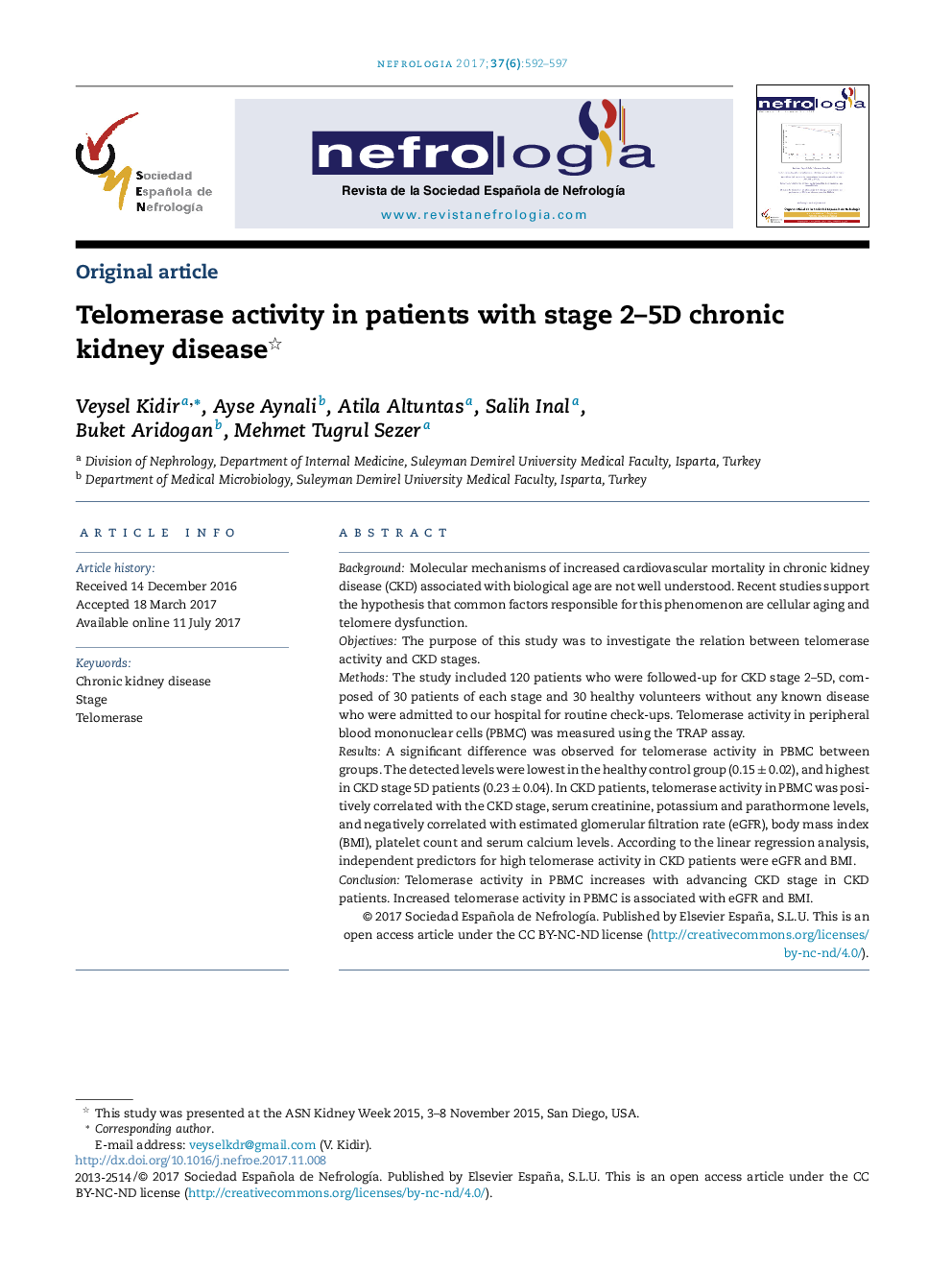 Telomerase activity in patients with stage 2-5D chronic kidney disease